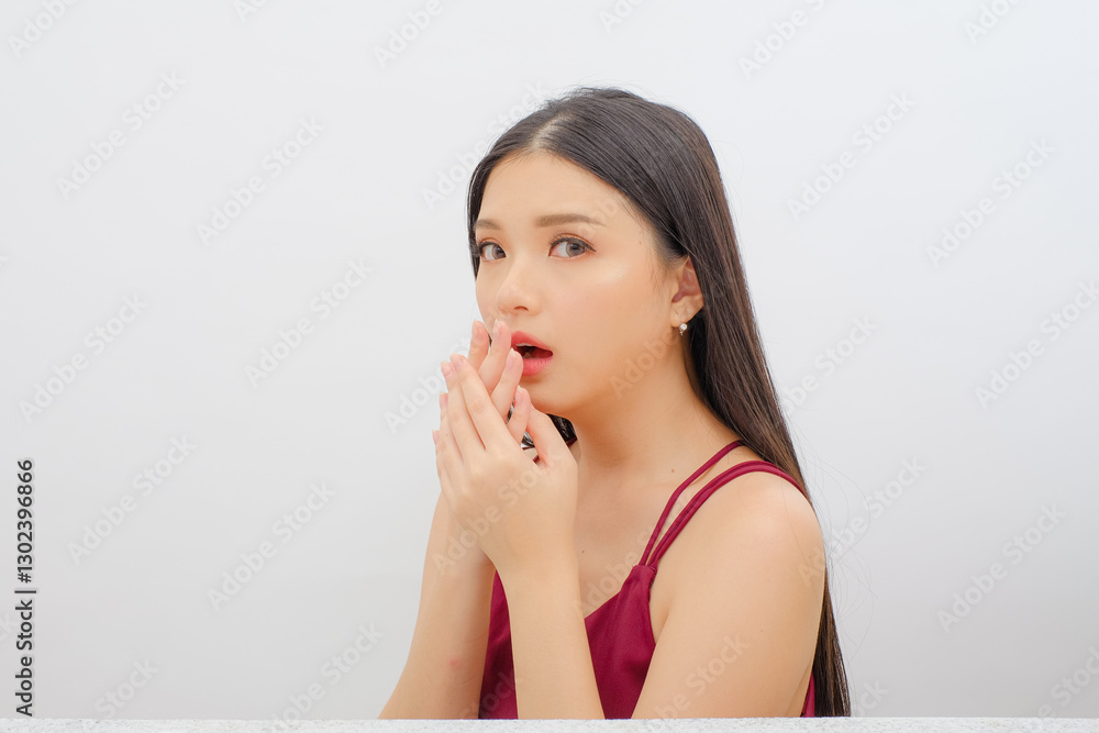 Innocent insecure timid young asian scared girl panicking, standing afraid victim terrified, touch cheek shocked, frowning stunned, biting fingernails, anxiously stare camera, white background Innocent insecure timid young asian scared girl panicking, standing afraid victim terrified, touch cheek shocked, frowning stunned, biting fingernails, anxiously stare camera, white background