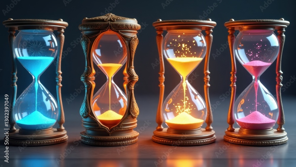 Fototapeta premium Elegant Ornate Hourglasses with Glowing Colorful Sands Time Concept