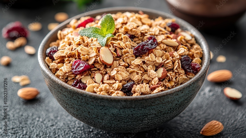 Crunchy granola mix with nuts and dried fruit in a textured bowl. A rustic bowl contains a hearty mix of granola clusters, almonds, walnuts, and dried cranberries. Crunchy granola mix with nuts and dried fruit in a textured bowl. A rustic bowl contains a hearty mix of granola clusters, almonds, walnuts, and dried cranberries.