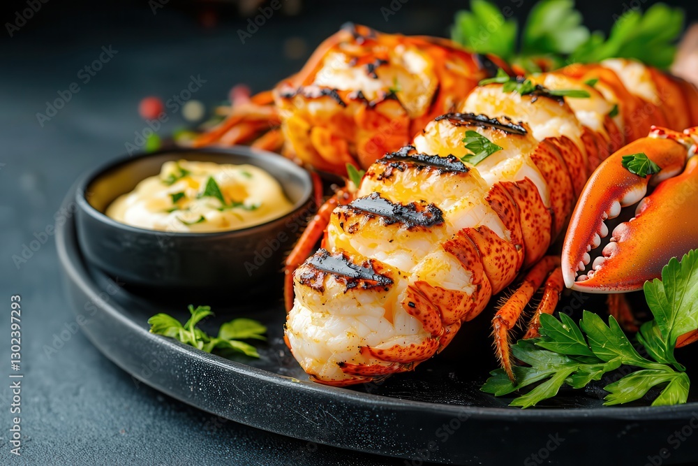 Lobster seafood premium dining. Succulent grilled lobster with garlic butter sauce on a dark plate. Lobster seafood premium dining. Succulent grilled lobster with garlic butter sauce on a dark plate.