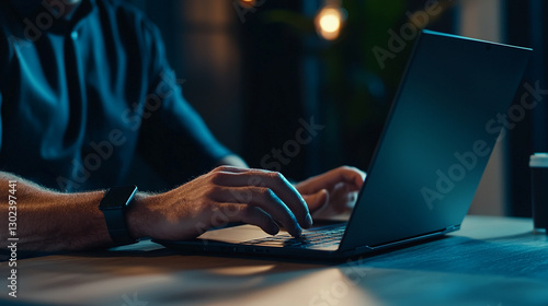 Man working late on laptop computer typing night office dark blue desk light hands online screen