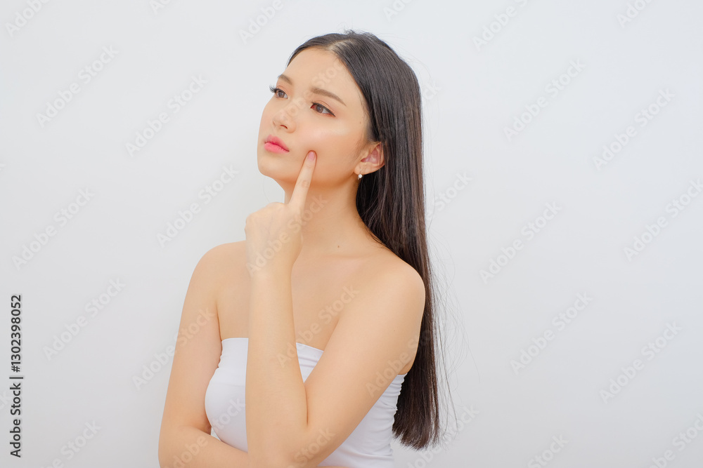 Troubled Asian Woman Touching Her Face, Concerned About Pimples and Clear Skin Troubled Asian Woman Touching Her Face, Concerned About Pimples and Clear Skin