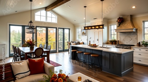 Modern kitchen and living area with large windows and natural light showcasing fall colors outside