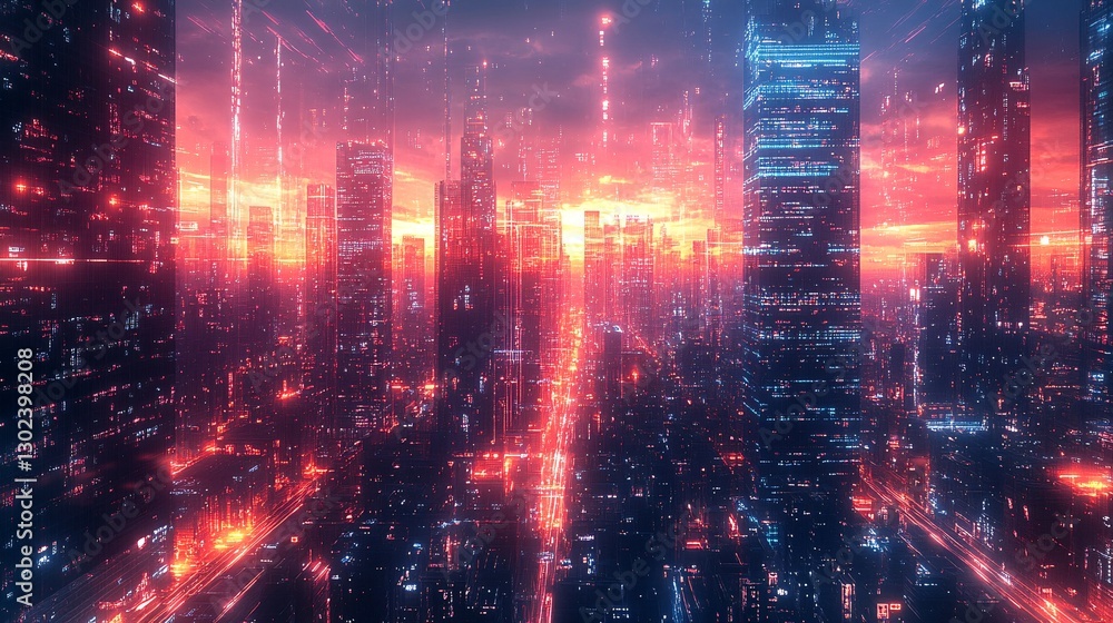 Fototapeta premium A neon grid city where energy pulses through every building