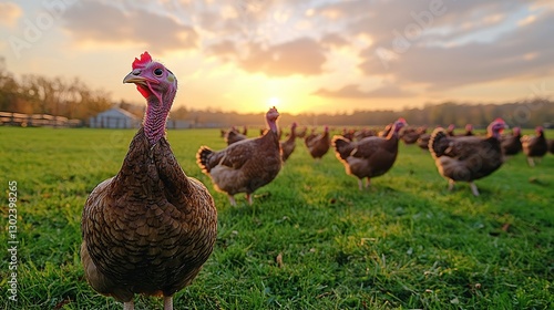  Free-range turkeys roaming on a farm, pecking at natural feed. A group of healthy, well-fed turkeys wander across a large, green field, foraging for food.