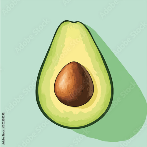 A flat 2D vector illustration of a halved avocado with a pit in the center.
