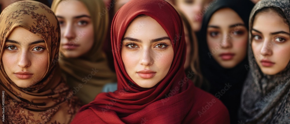 Obraz premium Group of beautiful young adult Muslim women wearing hijabs, standing together in solidarity and empowerment Concept of diversity, culture, and modern Islamic fashion