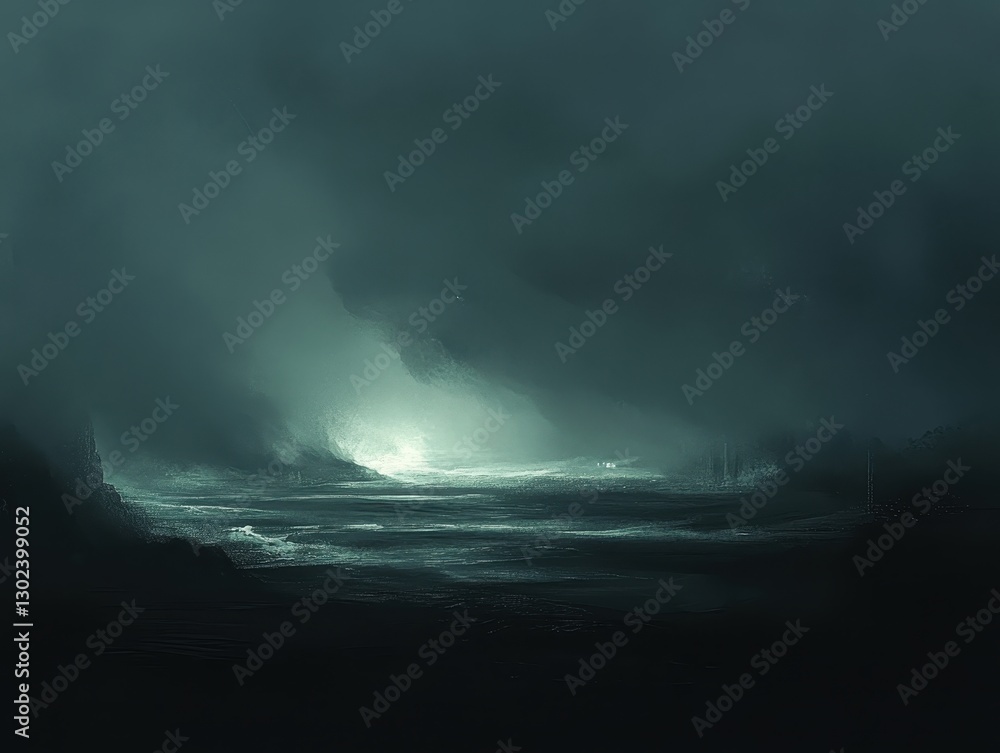 Fototapeta premium Enigmatic Landscape with Dense Fog and Mysterious Light Shining on Serene Water Under a Dramatic Sky at Twilight