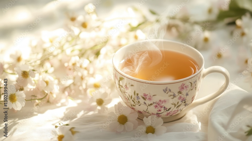 A delicate ceramic cup, adorned with floral patterns, cradles a fragrant brew of herbal tea, its surface glistening with steam, surrounded by a cascade of delicate blooms that perfume the air. A delicate ceramic cup, adorned with floral patterns, cradles a fragrant brew of herbal tea, its surface glistening with steam, surrounded by a cascade of delicate blooms that perfume the air.