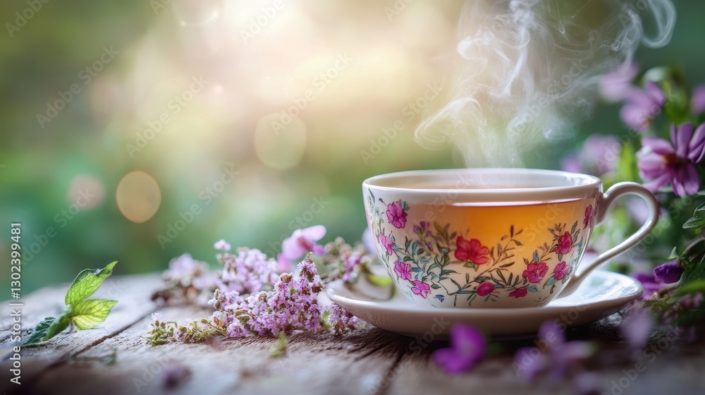 A delicate ceramic cup, adorned with floral patterns, cradles a fragrant brew of herbal tea, its surface glistening with steam, surrounded by a cascade of delicate blooms that perfume the air. A delicate ceramic cup, adorned with floral patterns, cradles a fragrant brew of herbal tea, its surface glistening with steam, surrounded by a cascade of delicate blooms that perfume the air.