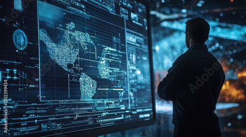 Global data analysis and network monitoring viewed by a professional information technology expert overseeing digital security and complex data visualization systems