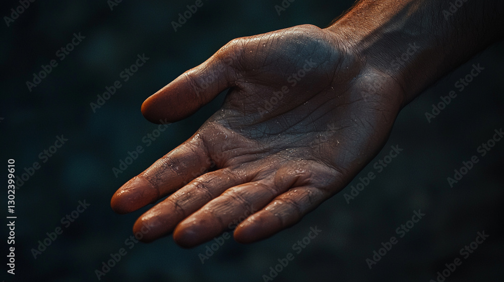 Fototapeta premium Closeup of a sweaty dark brown hand open palm upwards skin body part human image photo macro lines