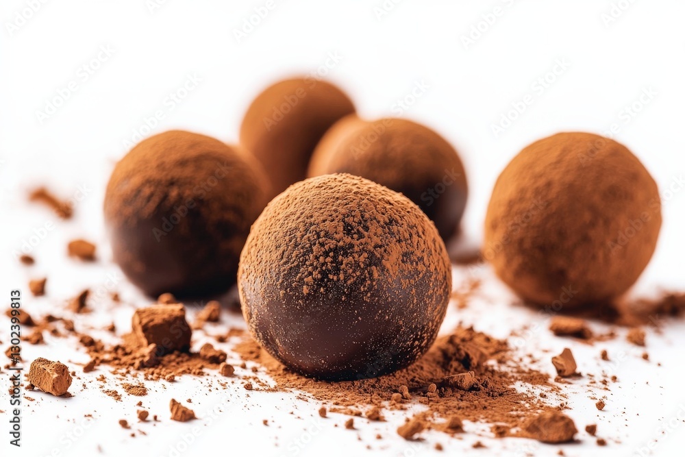 Chocolate Truffles Coated in Cocoa Powder on Clean White Surface with Crumbs Chocolate Truffles Coated in Cocoa Powder on Clean White Surface with Crumbs