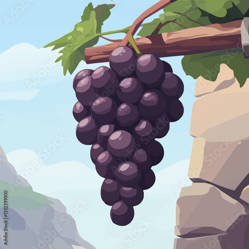 A flat 2D vector illustration of a bunch of grapes on a vine.