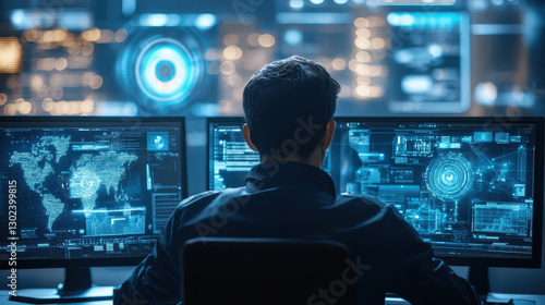 Cybersecurity analyst at work monitoring network traffic on multiple screens and analyzing data for potential threats and vulnerabilities in real-time to protect sensitive information