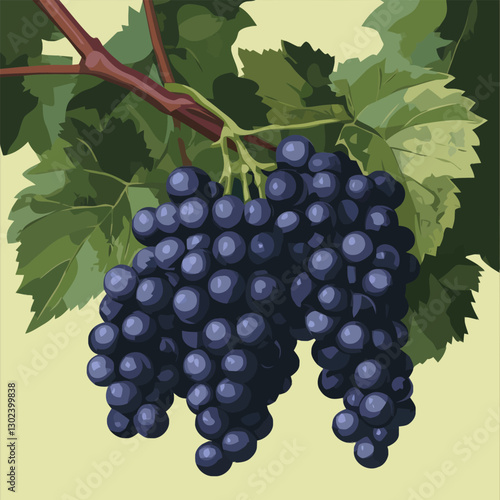 A flat 2D vector illustration of a bunch of grapes on a vine.