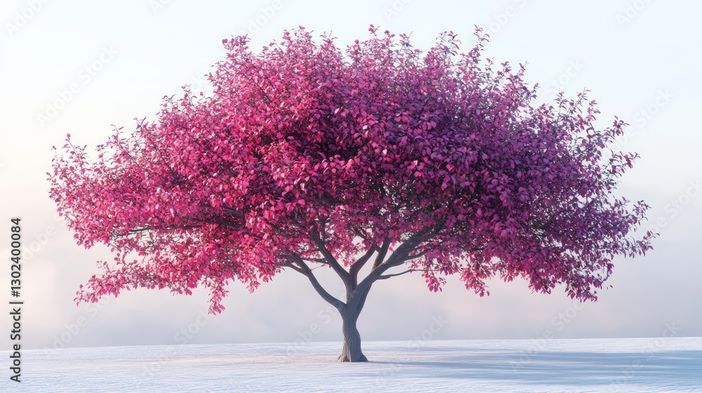Obraz premium Pink tree blossoms, snowy field, sunrise, digital art, peaceful scene