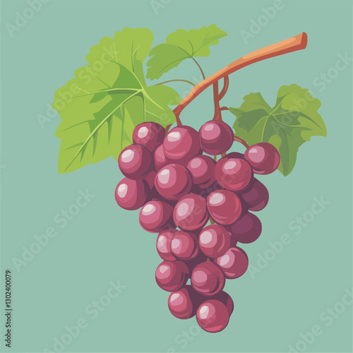 A flat 2D vector illustration of a bunch of grapes on a vine.