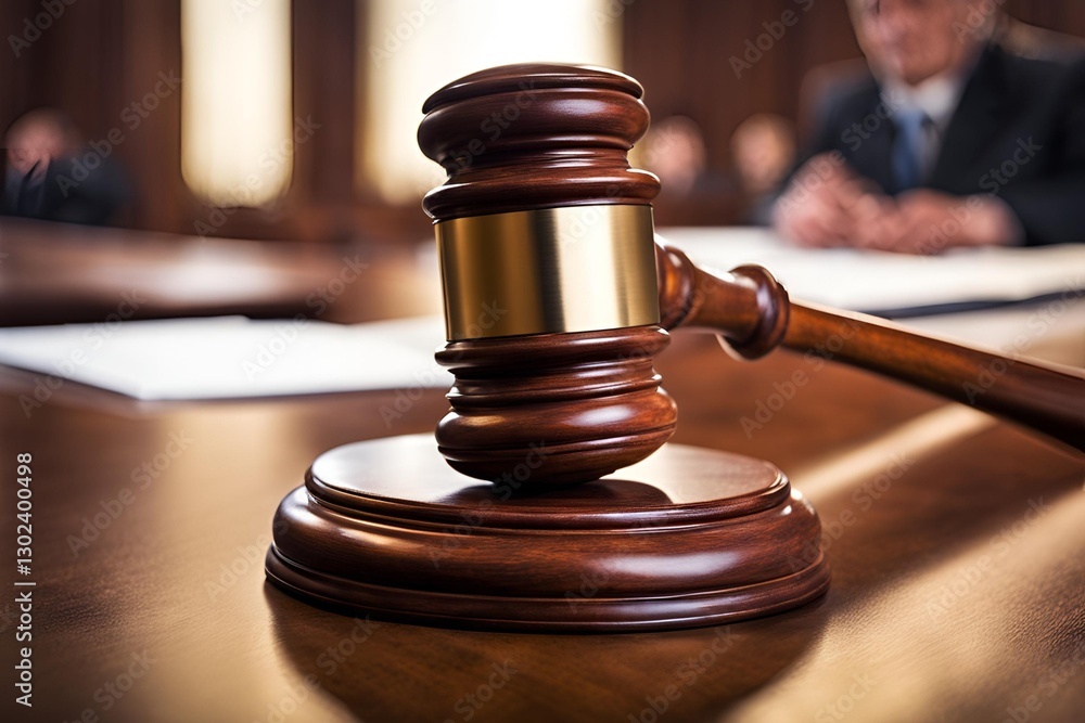 Close up of a wooden gavel or mallet on a courtroom desk, detailed, focused, dramatic lighting. Close up of a wooden gavel or mallet on a courtroom desk, detailed, focused, dramatic lighting.