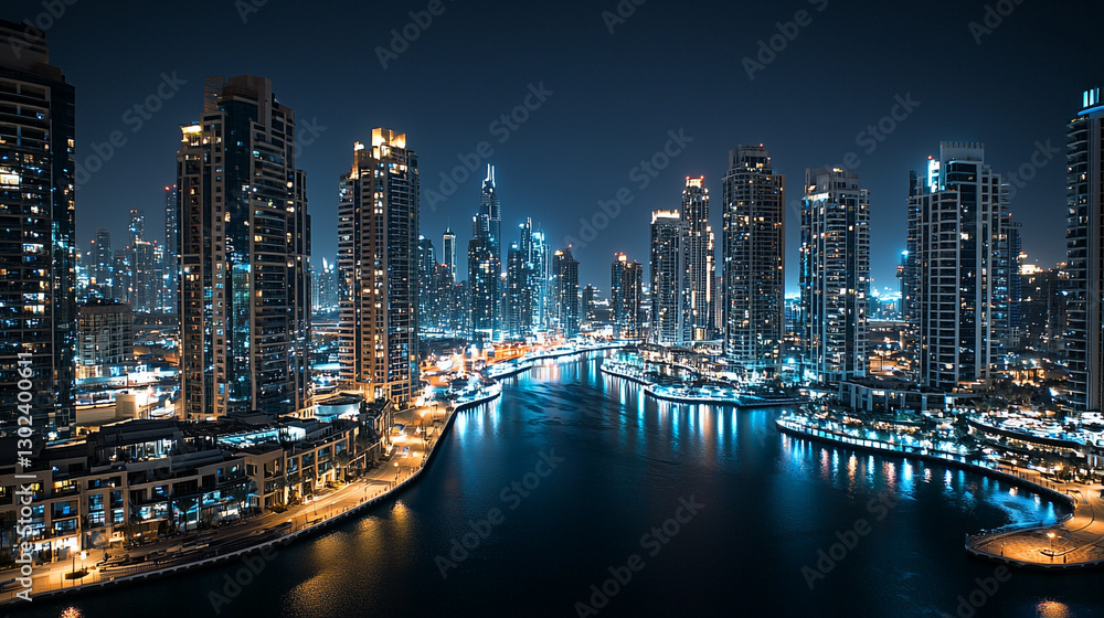 Fototapeta premium Stunning night view of modern cityscape with illuminated skyscrapers and water reflections blue dark