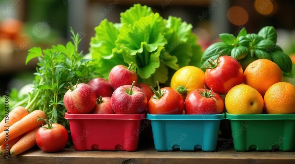 A vibrant collection of freshly harvested produce, showcasing a colorful array of apples, tomatoes, oranges, carrots, lettuce, and herbs, neatly arranged in containers. A vibrant collection of freshly harvested produce, showcasing a colorful array of apples, tomatoes, oranges, carrots, lettuce, and herbs, neatly arranged in containers.