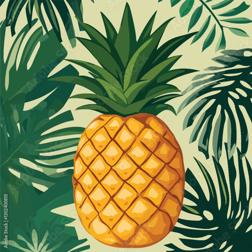 A flat 2D vector illustration of a pineapple with tropical leaves in the background.