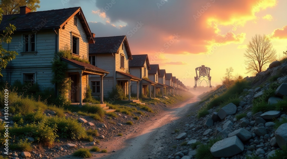 Sunset over a row of abandoned houses with a colossal skeletal figure in the distance Sunset over a row of abandoned houses with a colossal skeletal figure in the distance