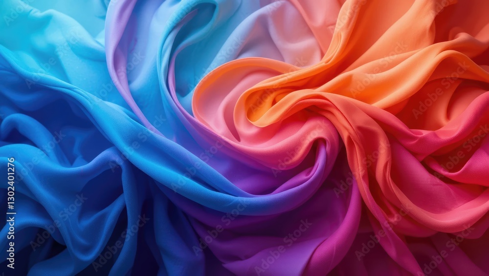 Colorful Silks in Flowing Waves of Vibrant Blues, Pinks, and Oranges Creating a Soft Texture Colorful Silks in Flowing Waves of Vibrant Blues, Pinks, and Oranges Creating a Soft Texture