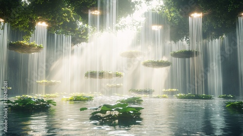 A waterfall of pure light cascading from floating islands