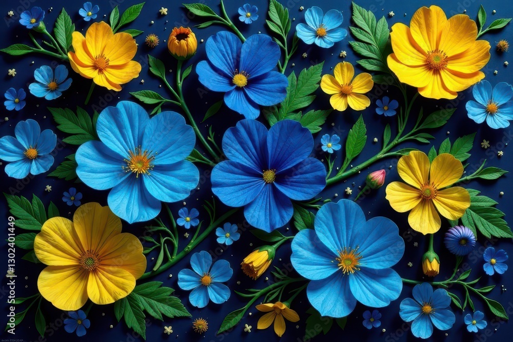 Obraz premium Vibrant Blue and Yellow Paper Flowers Arranged in a Botanical Composition on a Deep Blue Background