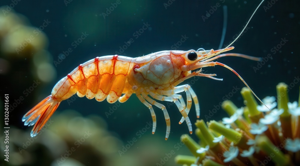 custom made wallpaper toronto digitalA vibrant orange and white shrimp gracefully swims through a lush underwater garden, its delicate legs propelling it past vibrant aquatic plants with small white blossoms.