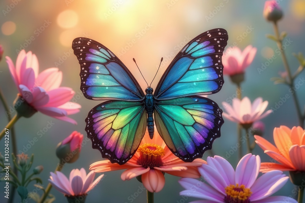 A Vibrant Morpho Butterfly Perched Gracefully on a Delicate Pink Flower Amidst a Garden of Blossoms at Sunrise A Vibrant Morpho Butterfly Perched Gracefully on a Delicate Pink Flower Amidst a Garden of Blossoms at Sunrise