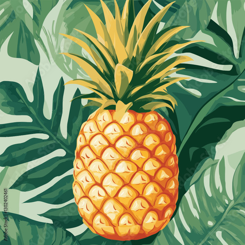 A flat 2D vector illustration of a pineapple with tropical leaves in the background.