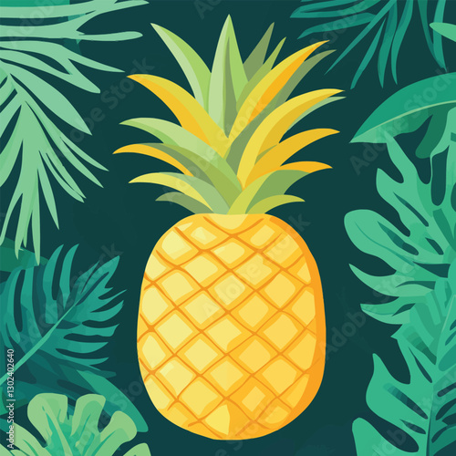 A flat 2D vector illustration of a pineapple with tropical leaves in the background.