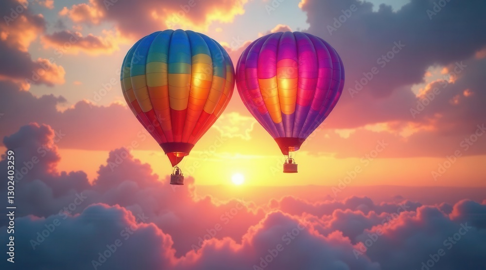 Fototapeta premium Two vibrant hot air balloons ascend above a breathtaking sunset, soaring amidst a sea of fluffy clouds, a picturesque scene of serenity and adventure.