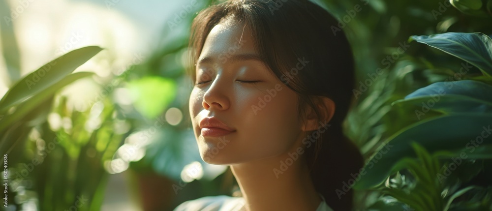 Serene Asian woman meditating with eyes closed surrounded by lush green plants indoors Concept of wellness, mindfulness, and inner peace