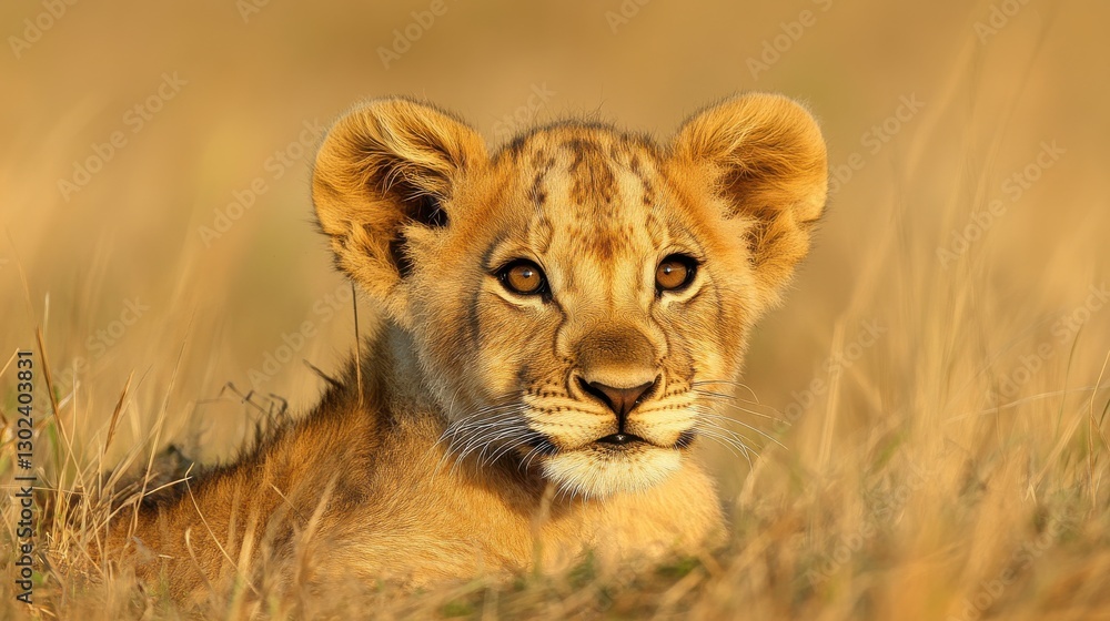 Fototapeta premium Young Lion Cub Resting in Golden Grass Under Soft Light