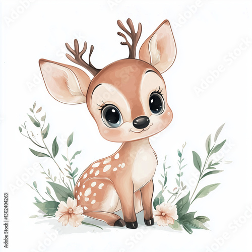 beautiful cute animal surrounded by plant elements. watercolor, pastel colors