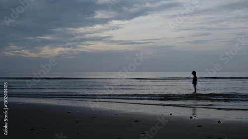 A solitary figure, silhouetted against the soft, muted tones of a twilight seascape, stands at the water's edge.
