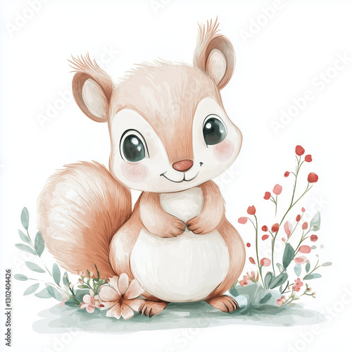 beautiful cute animal surrounded by plant elements. watercolor, pastel colors