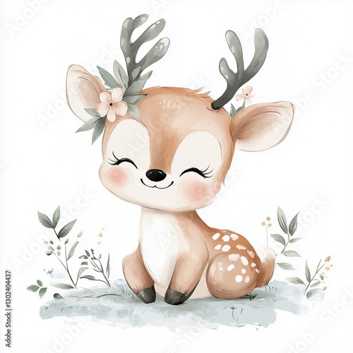 beautiful cute animal surrounded by plant elements. watercolor, pastel colors