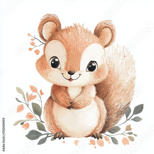 beautiful cute animal surrounded by plant elements. watercolor, pastel colors