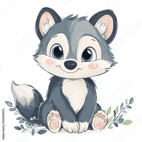 beautiful cute animal surrounded by plant elements. watercolor, pastel colors