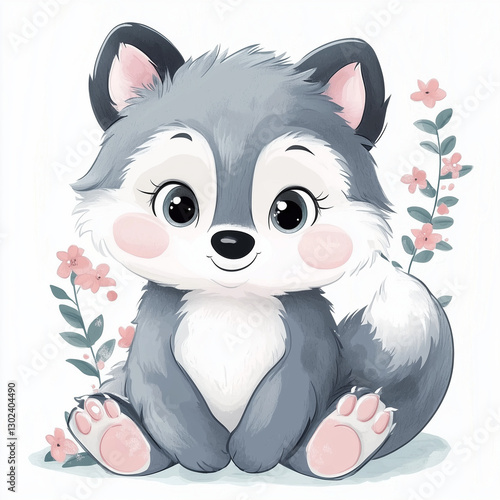 beautiful cute animal surrounded by plant elements. watercolor, pastel colors