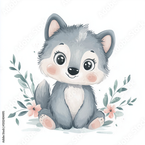 beautiful cute animal surrounded by plant elements. watercolor, pastel colors