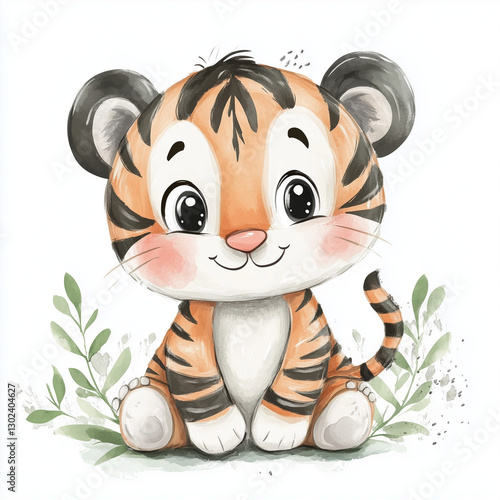 beautiful cute animal surrounded by plant elements. watercolor, pastel colors