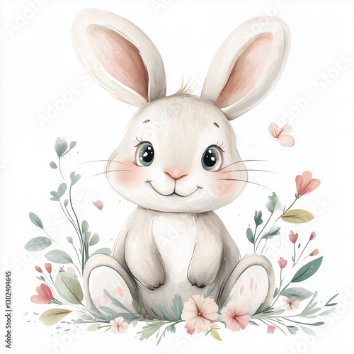 beautiful cute animal surrounded by plant elements. watercolor, pastel colors