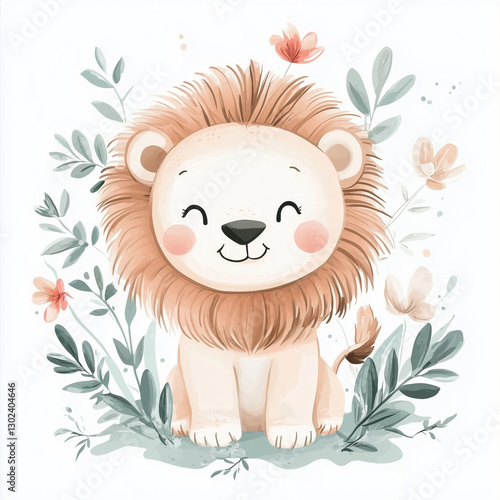beautiful cute animal surrounded by plant elements. watercolor, pastel colors