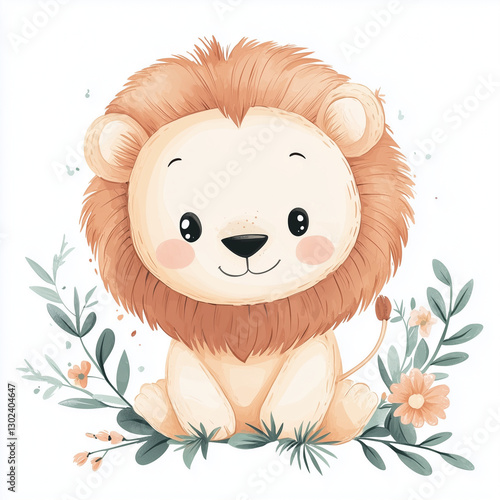 beautiful cute animal surrounded by plant elements. watercolor, pastel colors