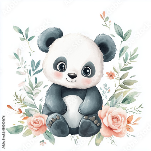 beautiful cute animal surrounded by plant elements. watercolor, pastel colors